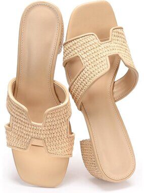 Women's Natural Casual Cutout Strap Square Open Toe Low Block Chunky Heels